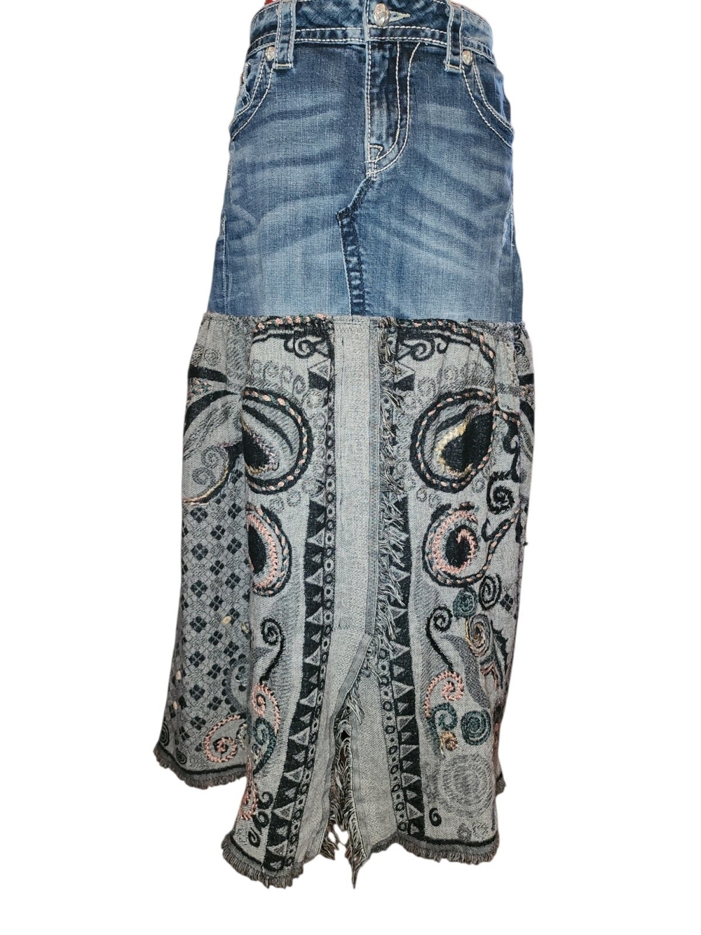 OOAK Upcycle Denim With Paisley Merino/Cotton Blend Scarf Maxi Skirt - Picture 2 of 10